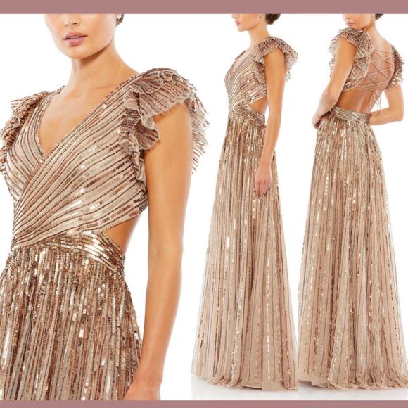 Mac Duggal NWT Sequin Cut Out Ruffle Sleeve Lace Up Gown Copper Size 0 V-Neck